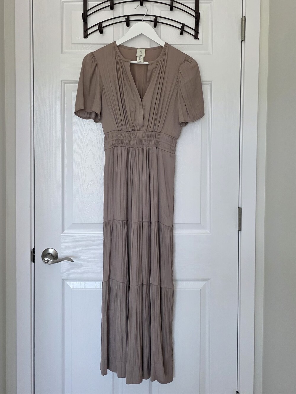Joie Taupe Pleated Maxi Dress with Smocked Waist